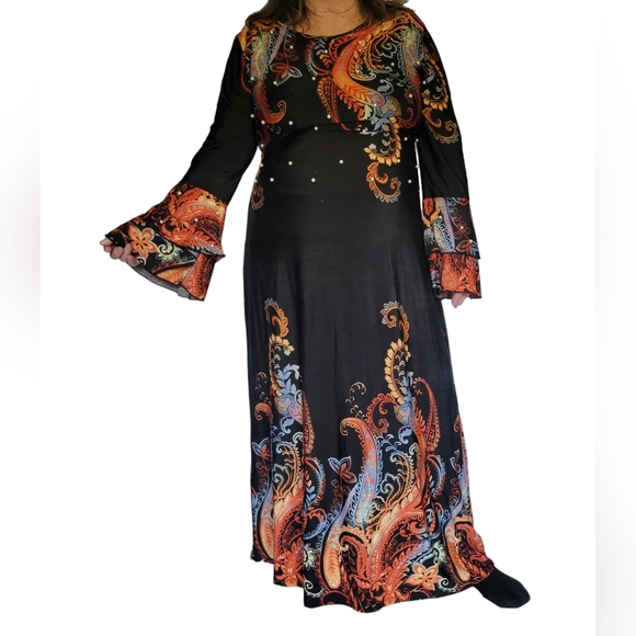 'Shein' Plus Size Floral Print Beaded Pearl Bell Sleeve Maxi Dress, Women's Plus - Picture 4 of 16